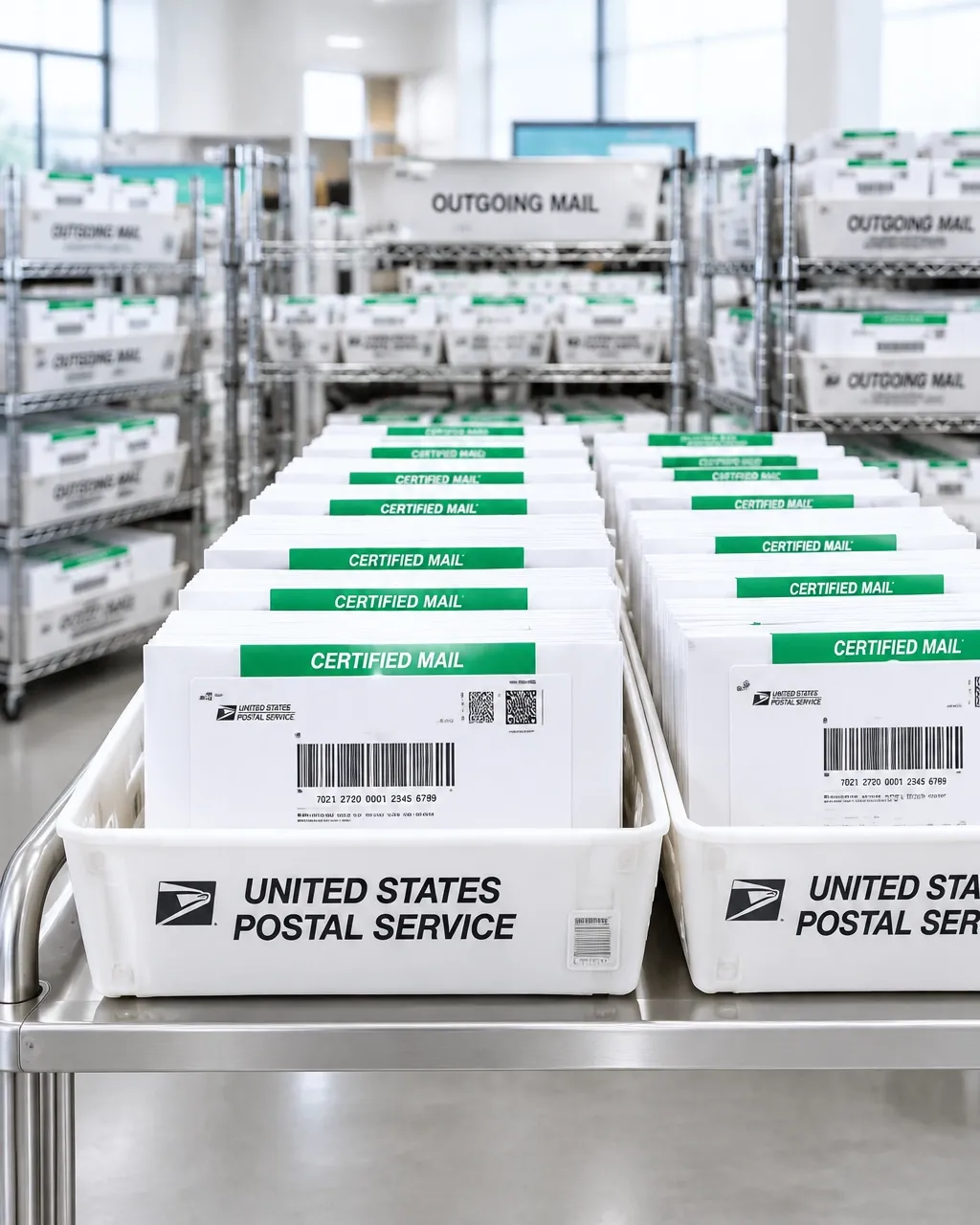 Certified Mail envelopes organized in USPS outgoing mail trays